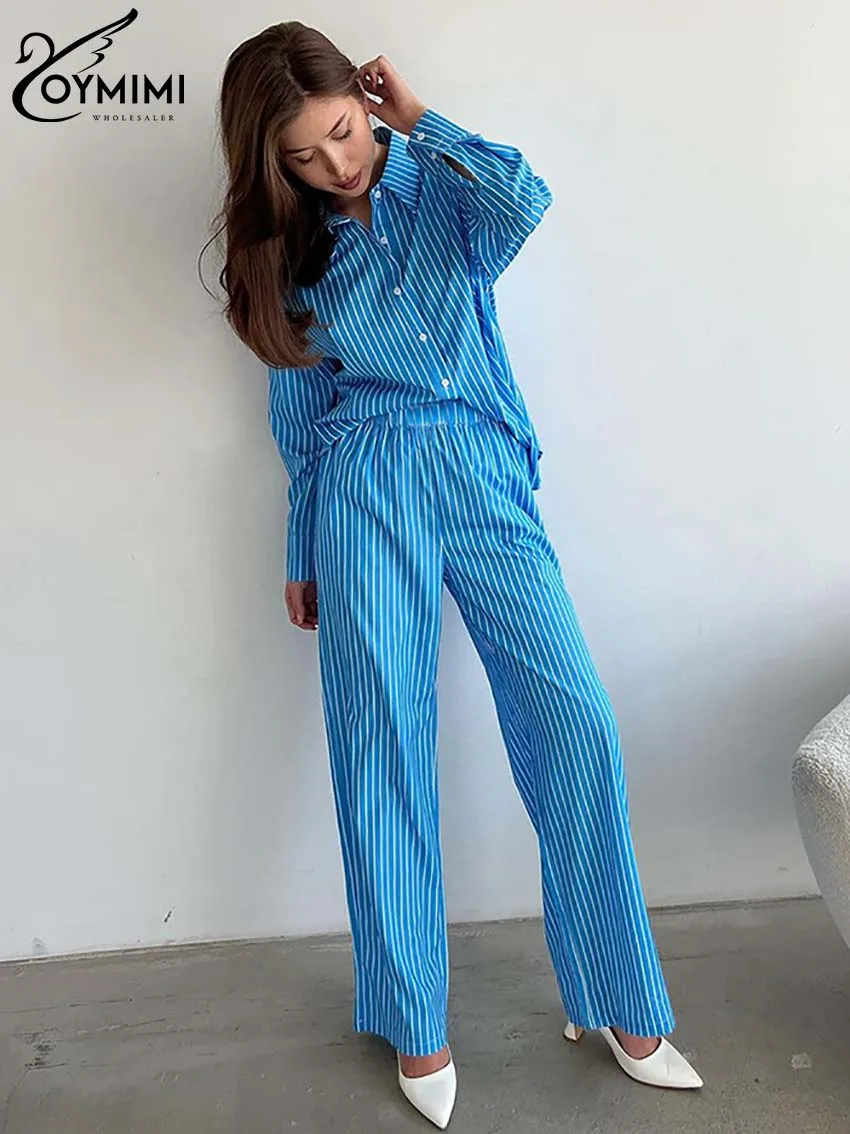 Oymimi Fashion Blue Print Two Piece Set For Women Elegant Lapel Long Sleeve Button Shirts And High Waist Straight Trousers Sets