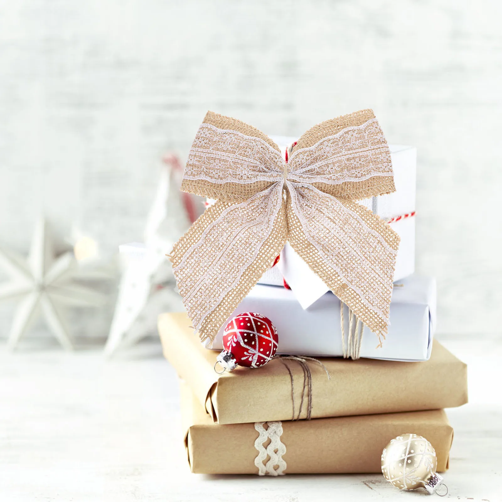 

6Pcs Large DIY Burlap Lace Bows Rustic Bowknot for Present Wrapping Party Craft Decoration Present Wrapping Bow