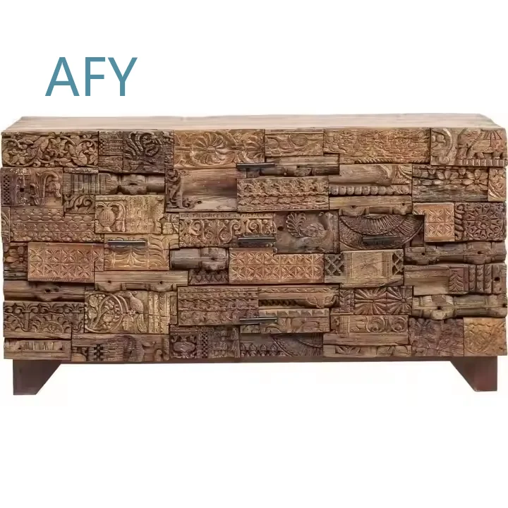 Vintage Carved Block Furniture for Tribal Ethnic Buffet Cabinet with Antique Style Dining Storage Cabinet Made of Recycled