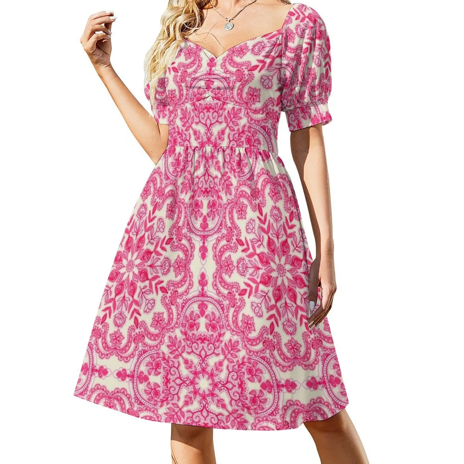 

Hot Pink & Soft Cream Folk Art Pattern Dress Woman clothes long sleeve dresses