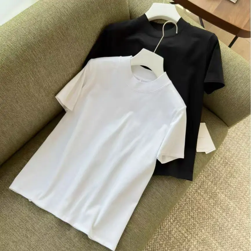 

Minimalist the R Logo Smooth Cotton Short Sleeve T-Shirt Shoulder-Length Design Back Panel Splice Casual Women's Fashion