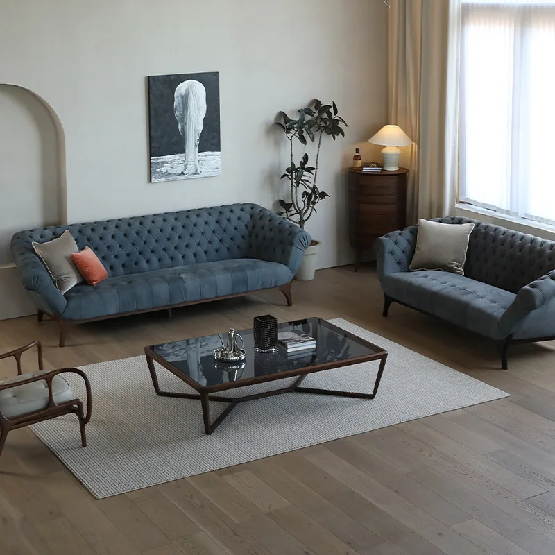 ML  light luxury fabric sofa  retro buckle furniture high-end large apartment solid wood villa living room three