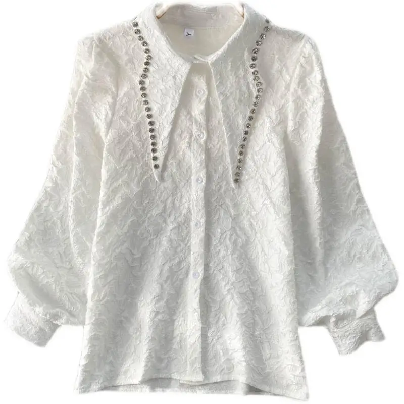 Temperamento Polo Collo Camicetta ampia tinta unita Primavera Autunno Manica lunga Elegante camicia da gioventù Top Abbigliamento donna vintage da ufficio