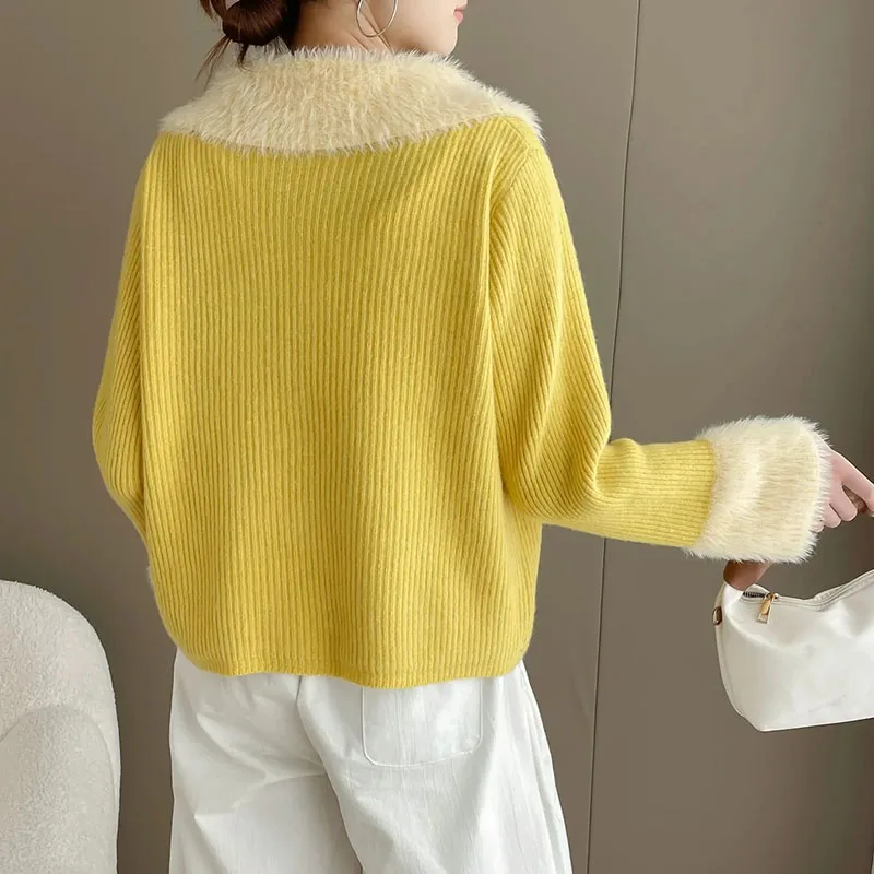 

Women's Stitching Fur Collar Coat Double Zipper Sweater 2026 Autumn Winter Female New Joker Coat Ladies Knitted Cardigan Jacket