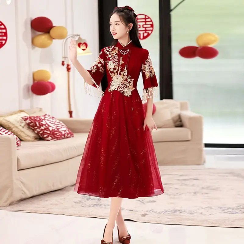 Yourqipao 2023 Chinese Cheongsam Wedding Toasting Dress New Summer Burgundy Homecoming Dress Wedding Engagement Dress for Women