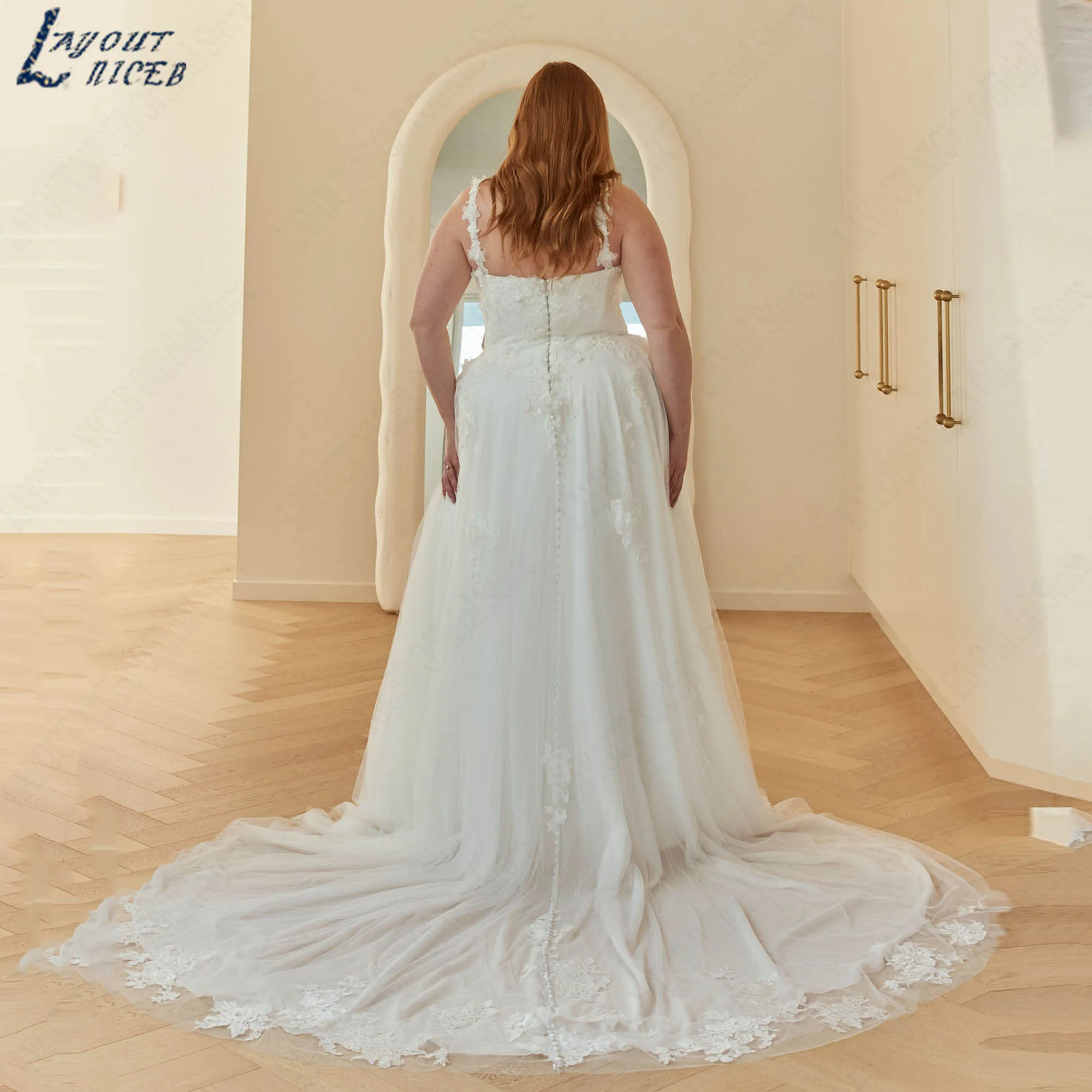 A-line Tulle Wedding Dress Luxury Lace Appliques Spaghetti Straps Bridal Gowns Plus Size Sleeveless vestidos de novia customized