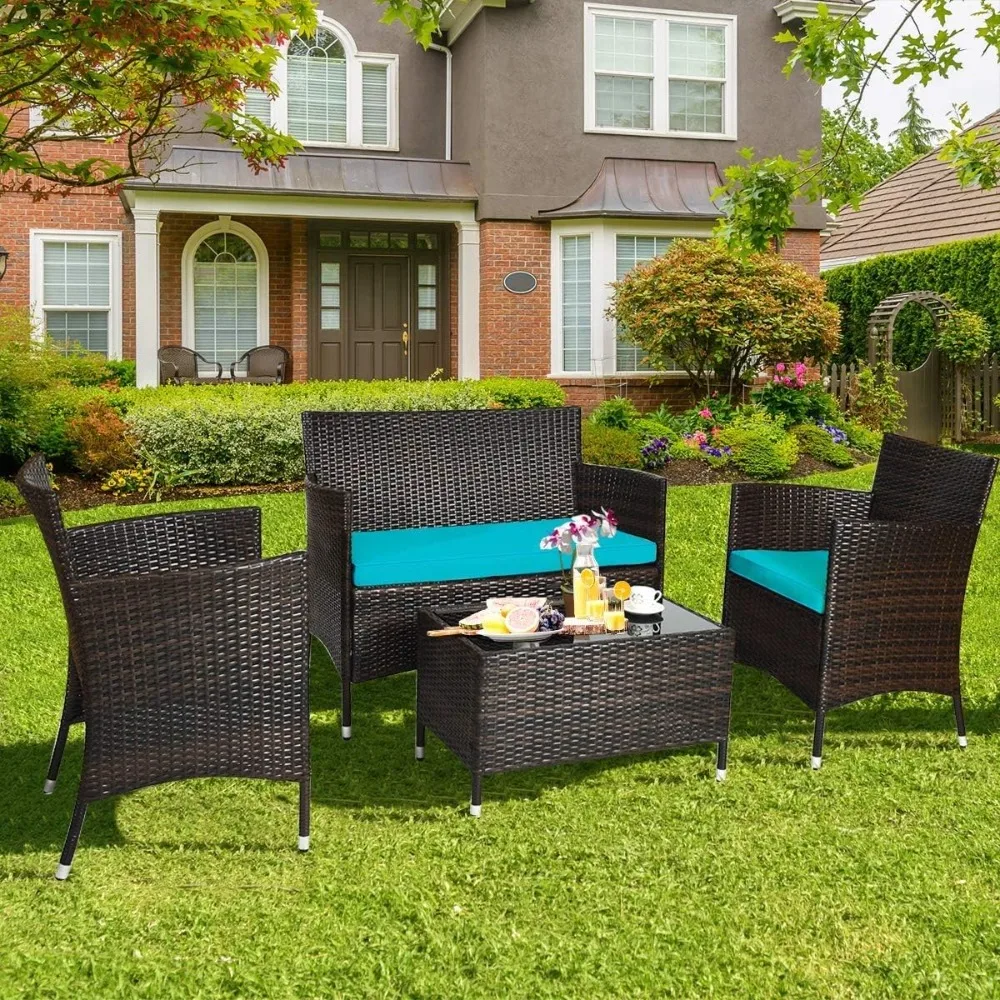 

LUARANE 4-Piece Rattan Patio Furniture Set, Outdoor Wicker Sofa Couch Table Set, w/Thick Seat Cushions Tempered Glass Coffee Tab