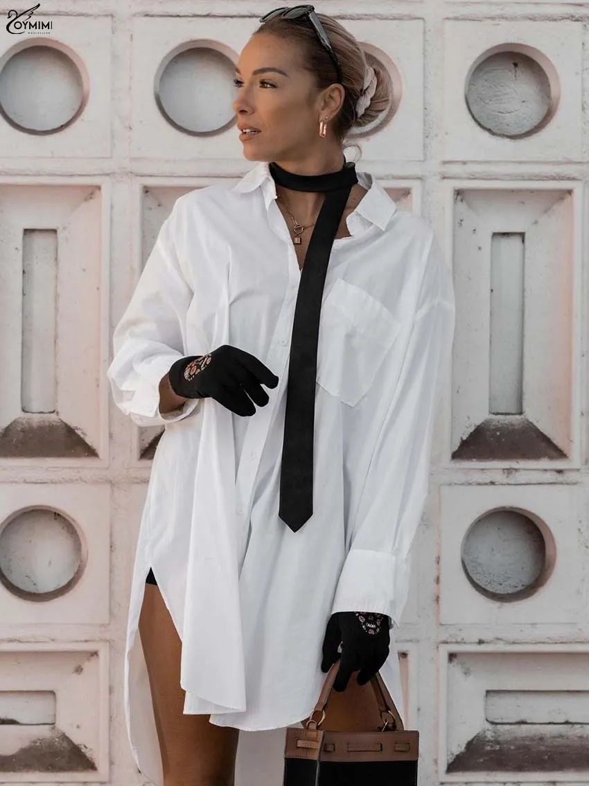 Oymimi Casual White Cotton Women Shirts Fashion Turn-Down Collar Long Sleeve Pockets Blouses Casual Patchwork Tie Button Shirts