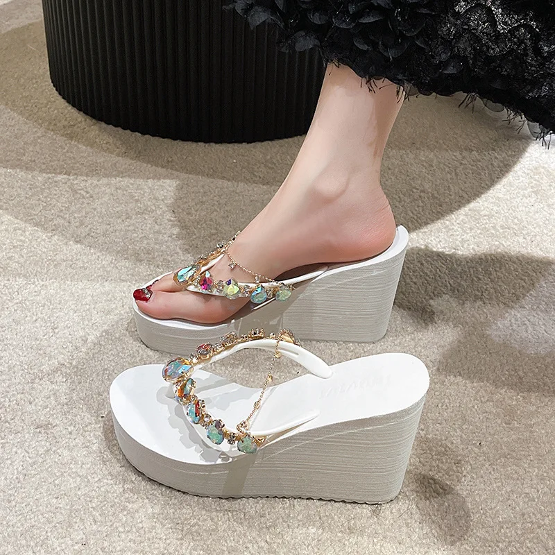 Summer New Style Women's Flip Flops Women's Wedge Heel Rhinestone Outdoor High Heel Slippers Elegant Fashion Beach Sandals 2024