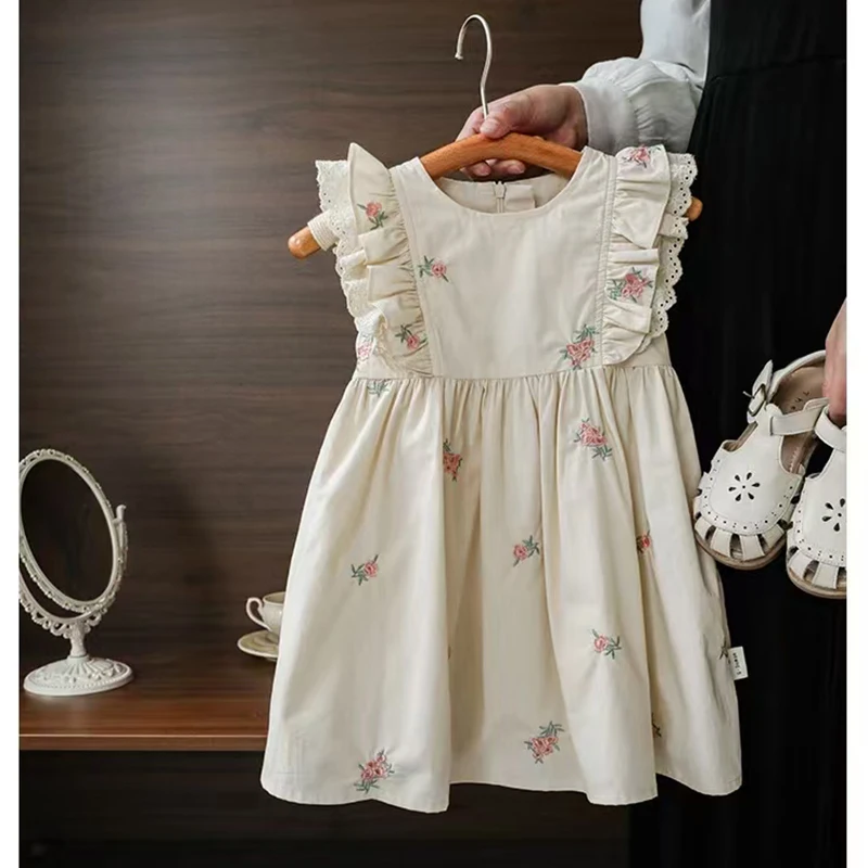 Sommer Mädchen Kleid Kinder Kleidung Bogen Gestickte Blumen Kragen Mädchen Kleid Cartoon Gedruckt Fliegende Ärmel Prinzessin Kleid
