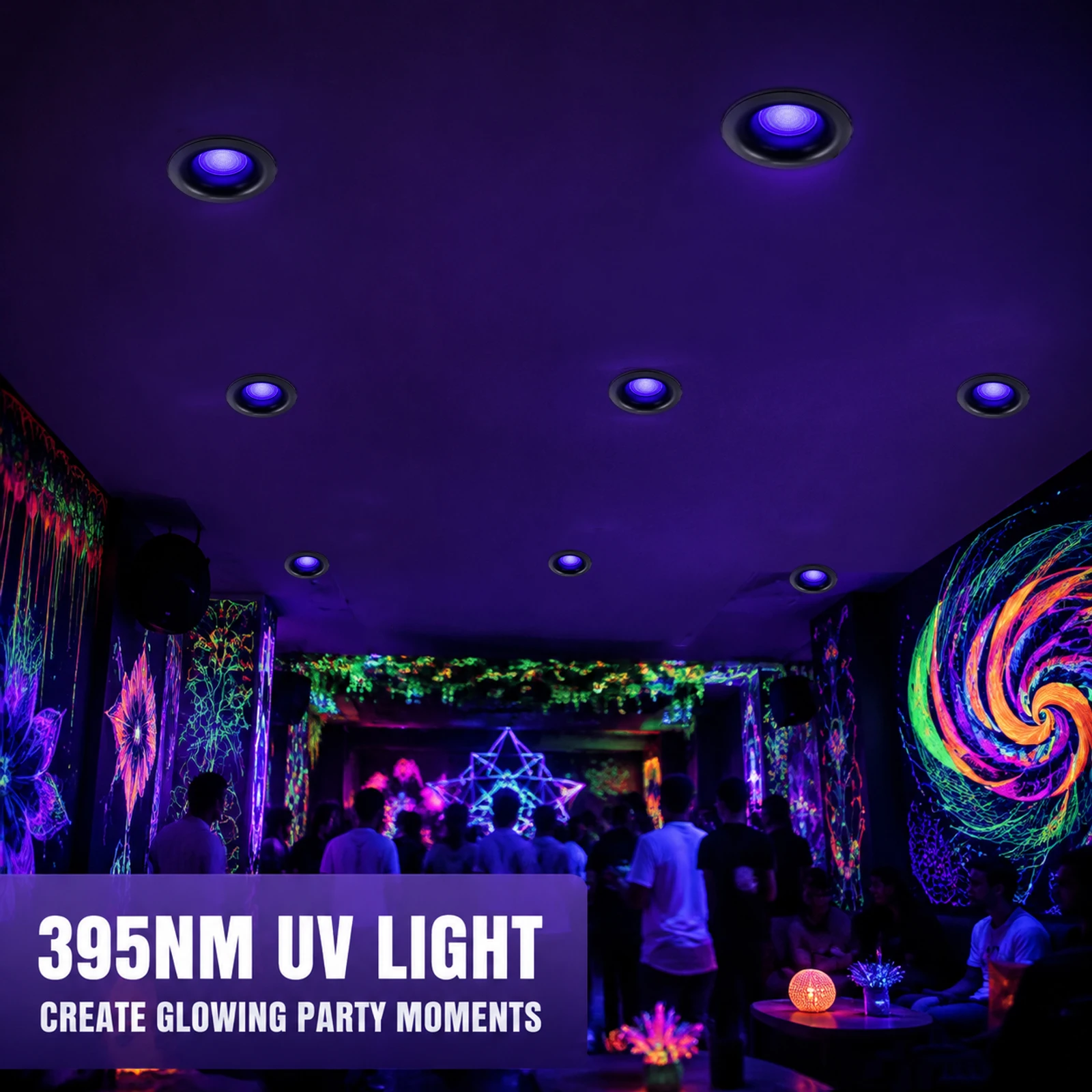 395nm UV Black Light Recessed Downlight, 3 Inch Flush Mount, 3W 110V , Aluminum Housing, Long Wave UV Light 4 Pack