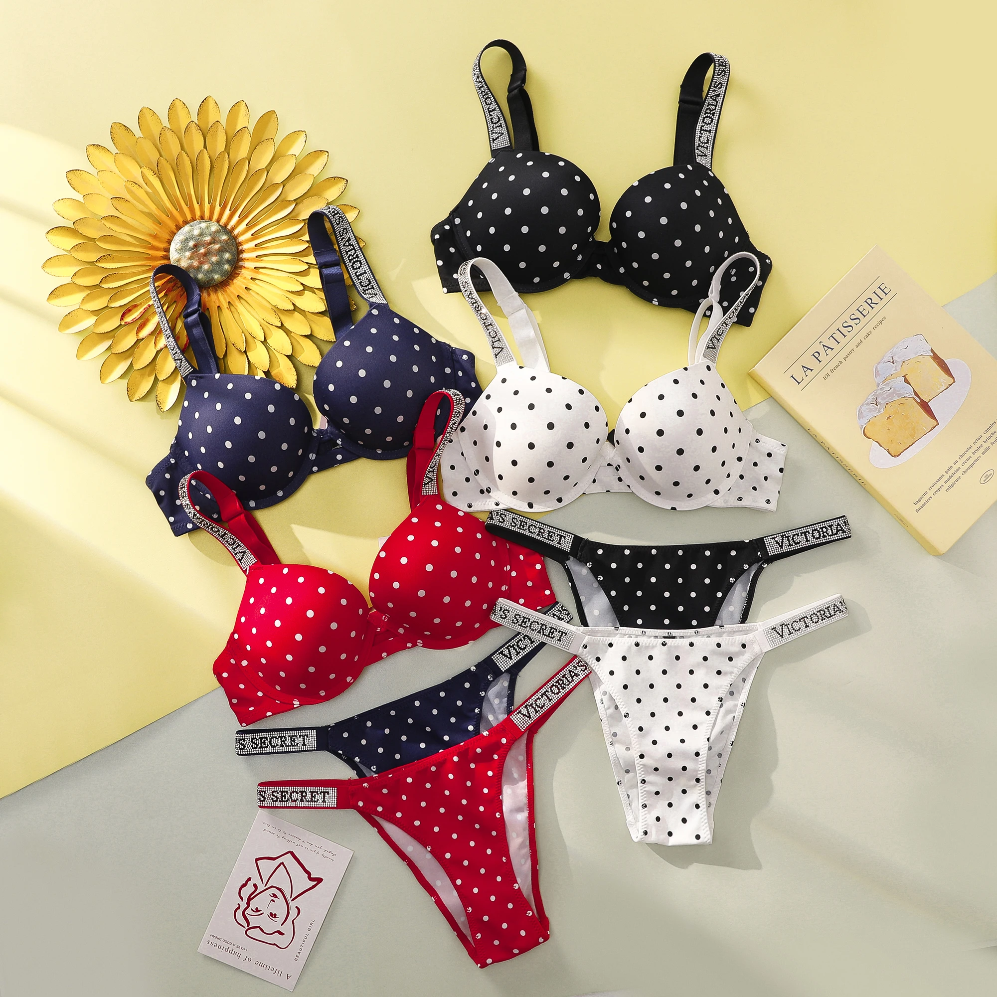 

VS New Arrival Women Polka Dot Lace Push Up Bra And Panty Set Sexy Lingerie Sleepwear Pajamas Plus Size Soft Comfortable Luxury