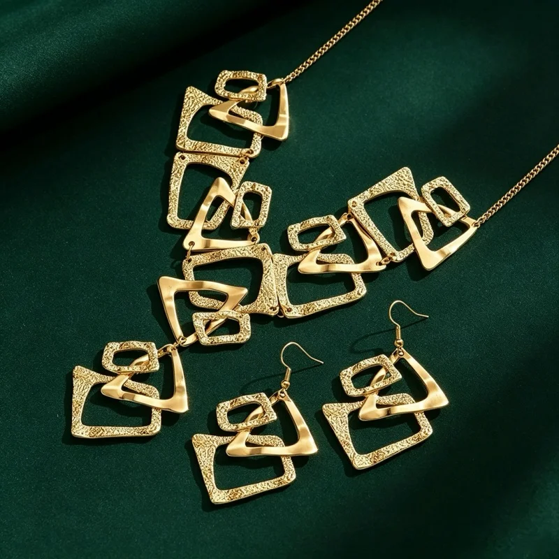 Women Modern Geometric Square Jewelry Set Gold Tone Textured Openwork Matching Necklace & Earrings Trendy Formal Accessories