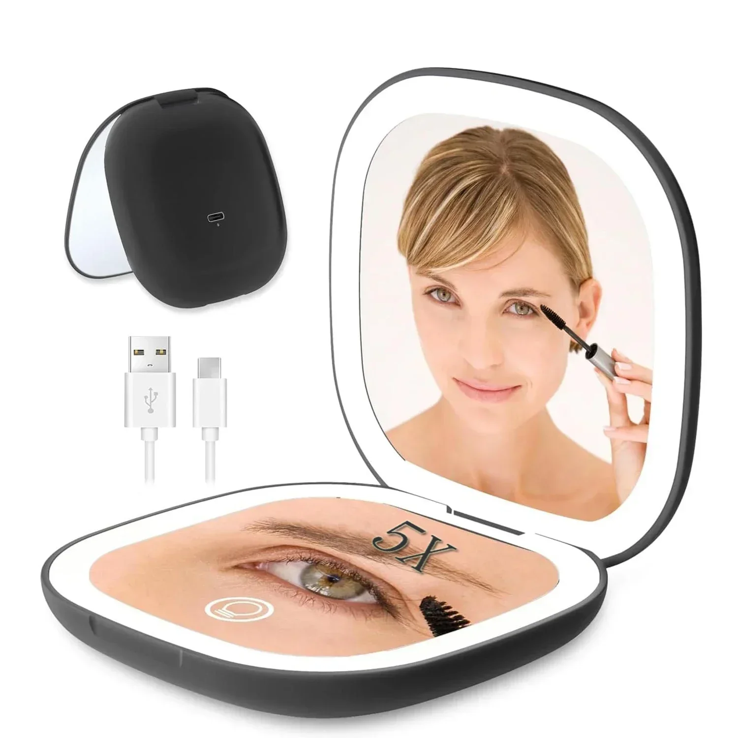 Travel Mirror with Lighting 1X/5X Magnifying Makeup Mirror USB Charging LED Compact Mirror for Handbag and Pocket Beauty Gift