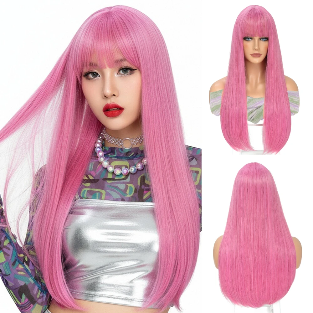 

Длинный прямой розовый парик с челкой, женский термостойкий синтетический парик для косплея Лолиты, Хэллоуина, Рождества, повседневного гламурного цвета