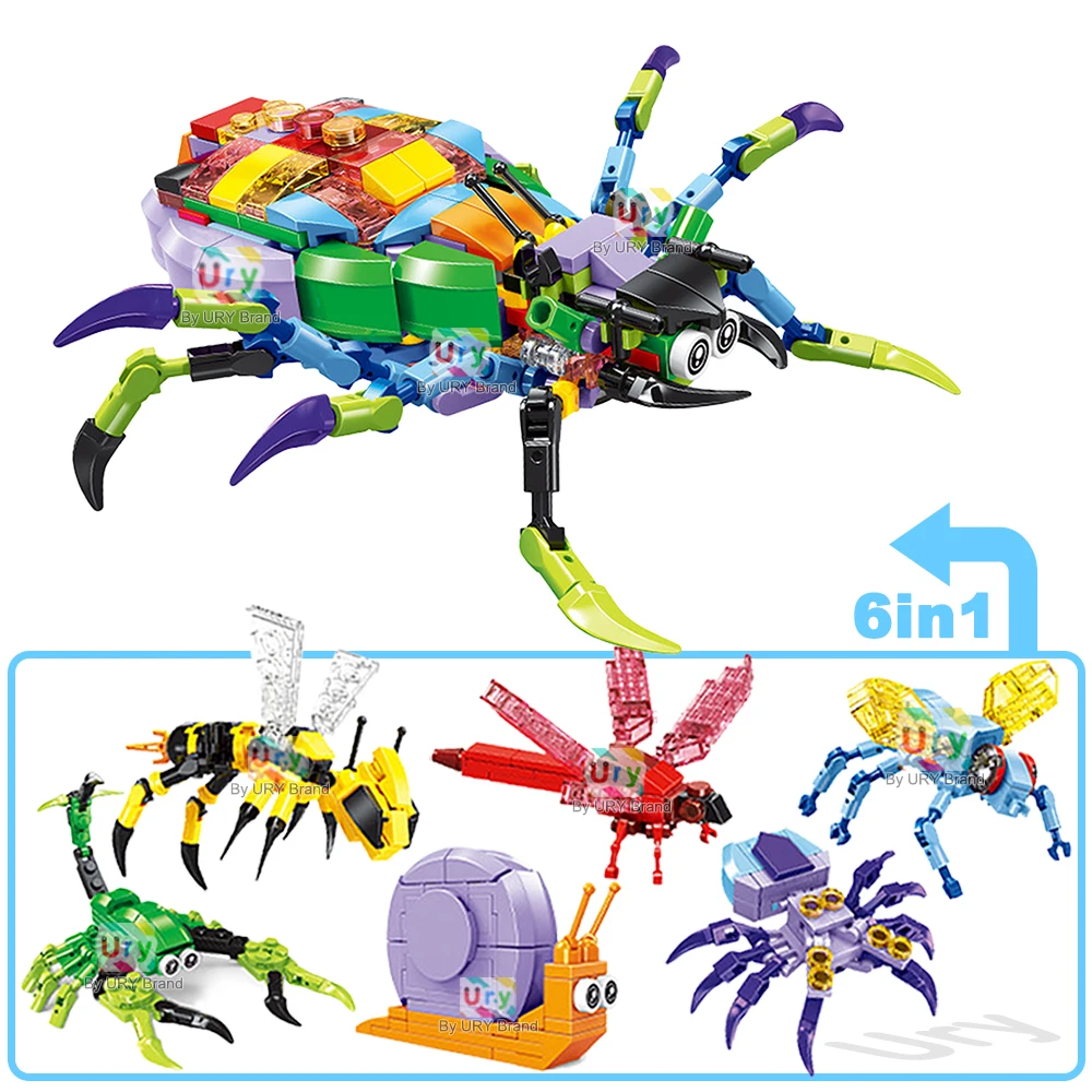 MOC 6in1 Animals Colorful Spider Wasp Snail Scorpion Anglerfish Triceratops Crab Model Set Building Blocks DIY Toys for Kid Gift