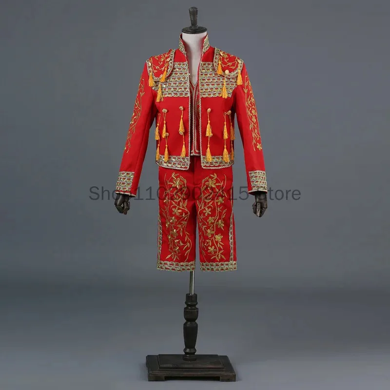 

Men's Medieval Luxury Noble Prince Costume Spanish Bullfighter Clothes Fringe Jacket Vest Pants Suit Halloween Matador Outfits