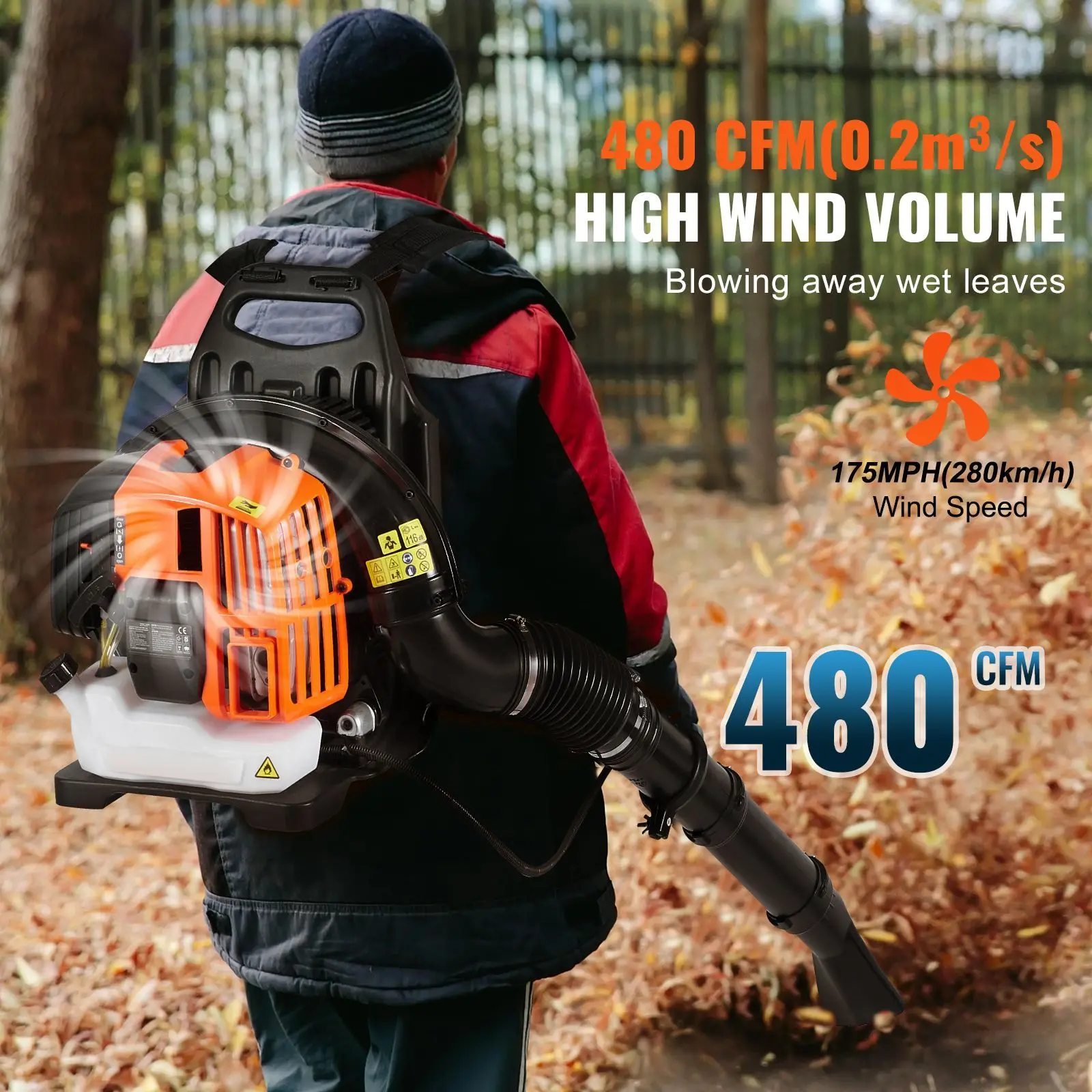 52CC 2 Cycle Backpack Leaf Blower with 1.37L Fuel Tank 480CFM Air Volume 175MPH Speed for Lawn Care