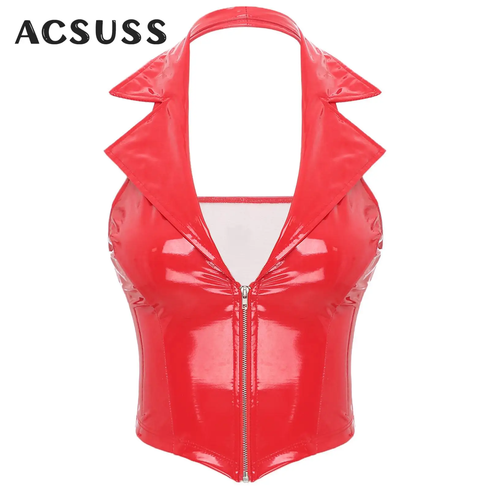 

Women Sexy Glossy Patent Leather Tank Top Deep V Neck Backless Vest Camisole Halter Notch Lapel Waistcoat Crop Tops Clubwear