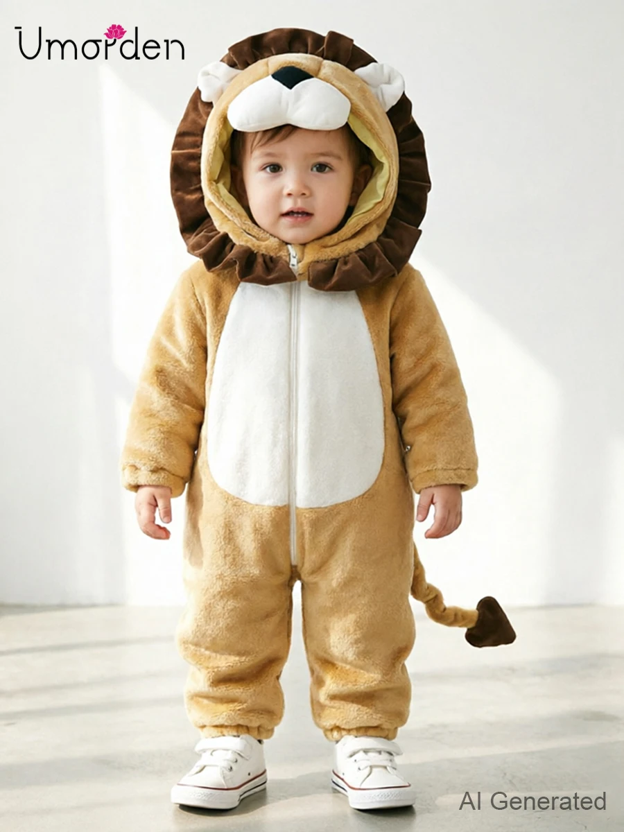 Cartoon Little King of Beasts Lion Costume Romper Jumpsuit for Baby Boy Infant Toddler Winter Outfit Pajamas Flannel Comfy 3-36M