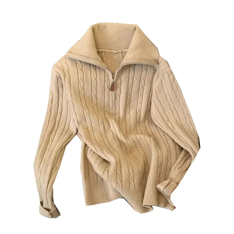 Otoño señoras suéter de manga larga chaqueta coreana mujer jersey de punto Jumper 2025 mujeres moda media cremallera Tops de punto