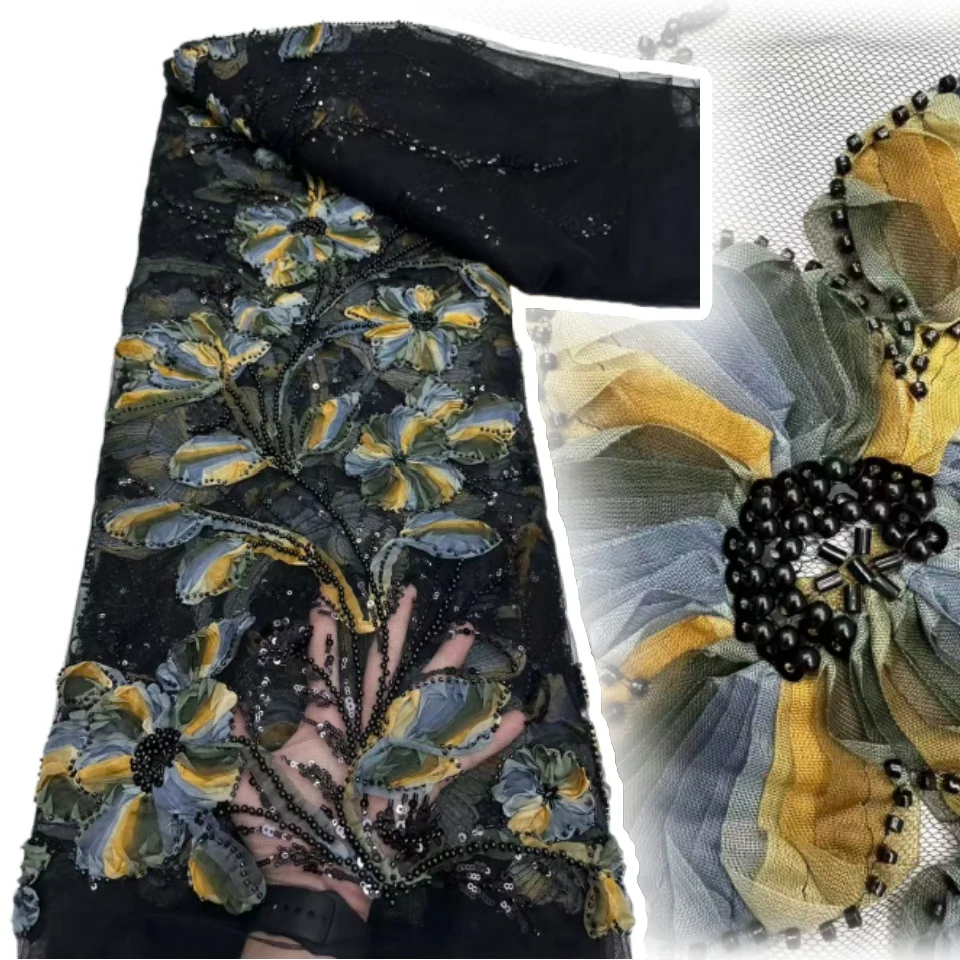 

Высококачественная кружевная вышивка с блестками, сетчатое кружево с бусинами, новейшая африканская кружевная ткань с блестками для женщин, свадебное платье T1634