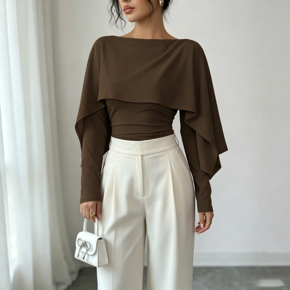 Womens Off-Shoulder Patchwork Pleated Fitted Long Sleeve for top Suitable for Summer Vacation Beach and Cycling Trips