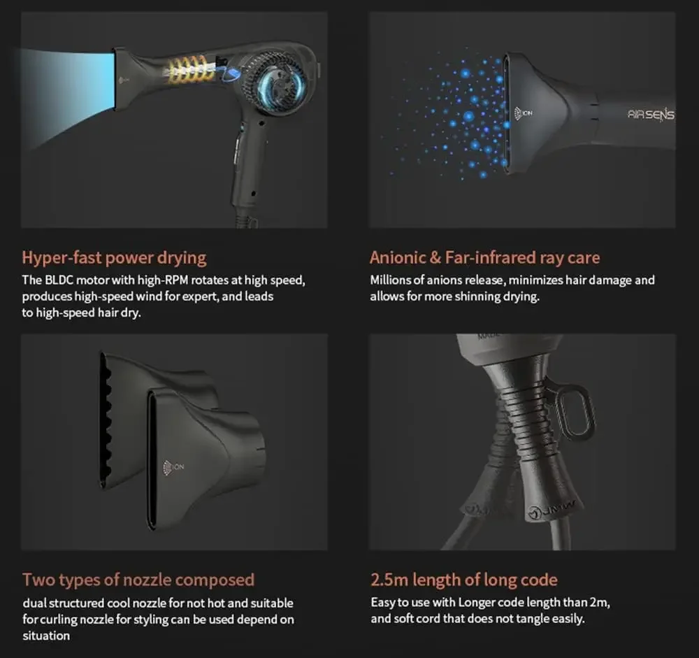 AIR SENS Professional Hair Dryer - 3 Heat X 5 Wind Fast Drying, Low Noise, Curling, Durable, Best Blow Dryer Frizzy Hair, 2 Nozz