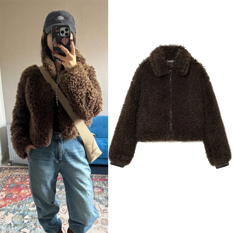 

Женская куртка 2022, осень/зима, новый стиль, темно-коричневая флисовая куртка на молнии с длинными рукавами, повседневная модная универсальная куртка