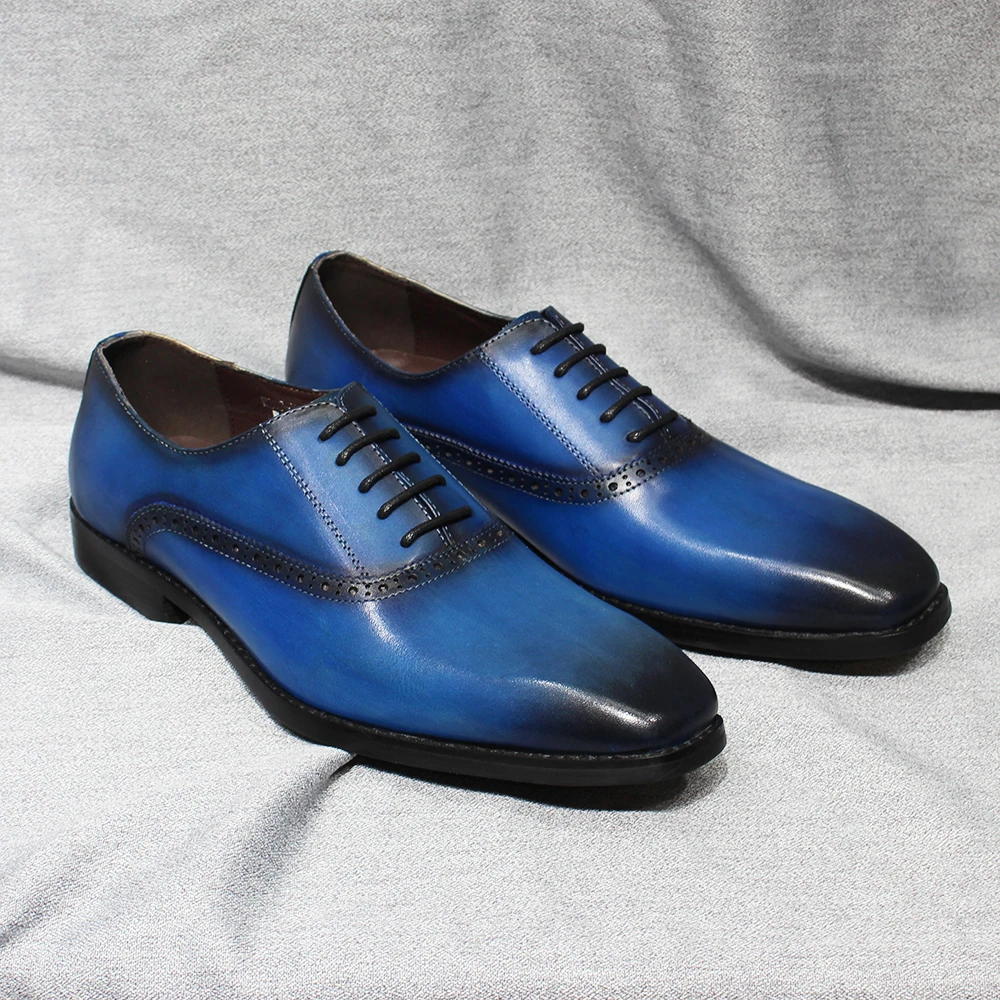

Classic Mens Oxfords Genuine Leather Plain Toe Office Business Dress Shoes for Men Handmade Lace-Up Wedding Formal Footwear Blue