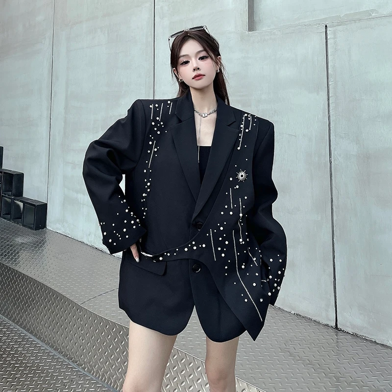 SuperAen chaqueta negra con muescas otoño nuevo asimétrico bordado bengalas diseño diamantes cintura suelta abrigo a medida