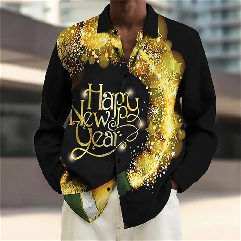 3D Printed Happy New Year Hawaiian Shirts Men Fireworks Balloon Pattern Aloha Shirts Casual Loose Long Sleeve Lapel Tops Blouse