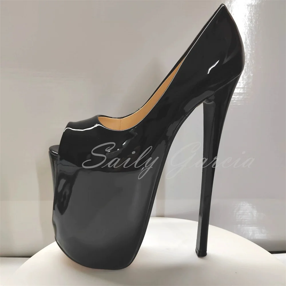 

22cm Patent Leather Black Plus Size Fish Mouth Single Shoe Denim Material Women Sexy Extreme High Heel Nightclub Shoes