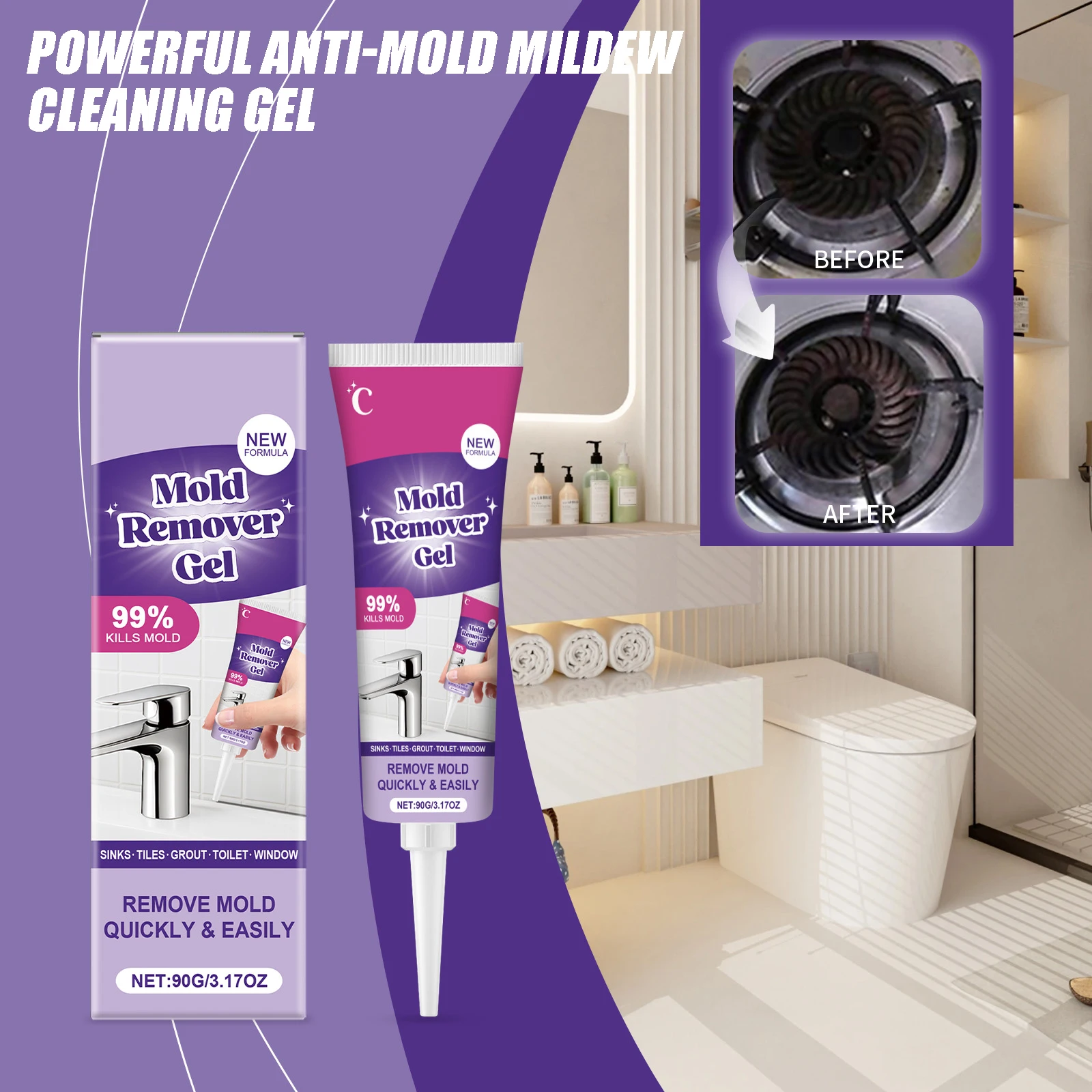 Anti-Mold Mildew Cleaning Gel Powerful Household Remover Gel for Grout Sealant Bathroom Cleaning Home Kitchen Sinks Cleaning 90g