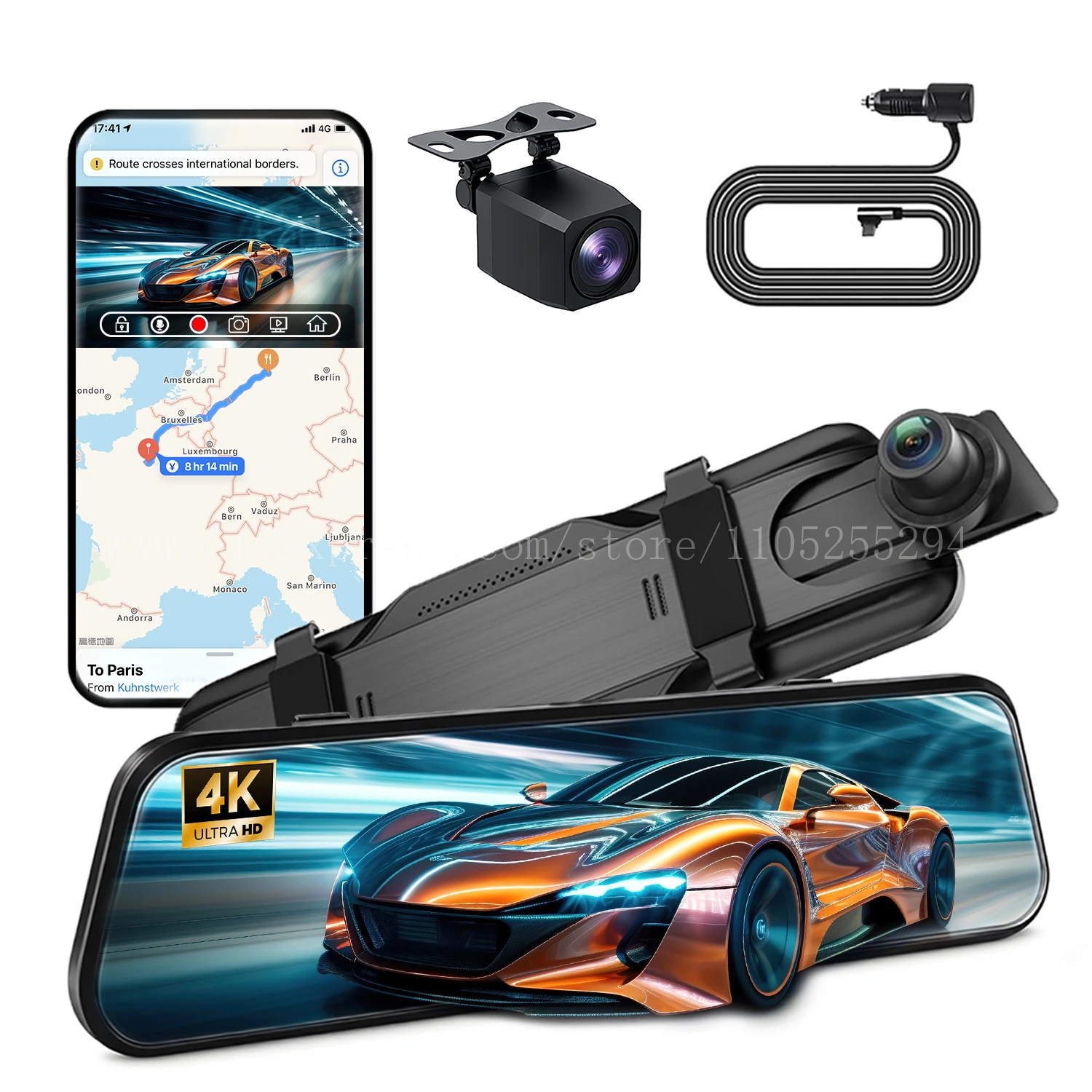 

Зеркальная видеорегистратор 4K с Carplay и Android Auto, 10-дюймовая зеркальная камера заднего вида для автомобилей/грузовиков с голосовым управлением