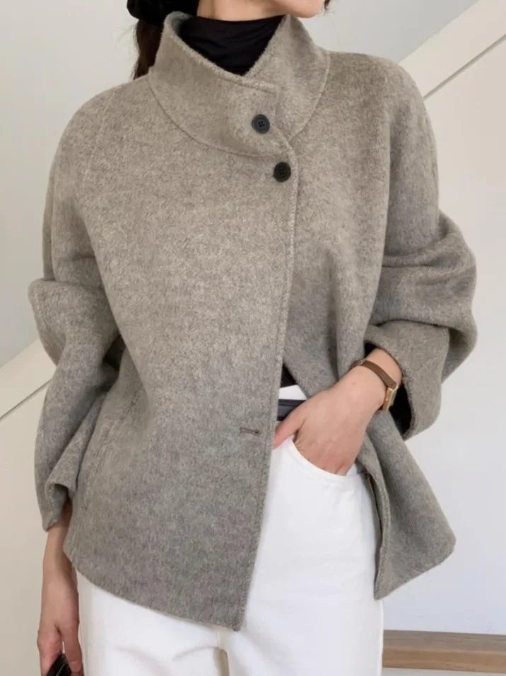 

Ele Woolen Coat Women's Chic Winter Design Single Button High Collar Long Sve Outerwear Faionable Lady's Clothing