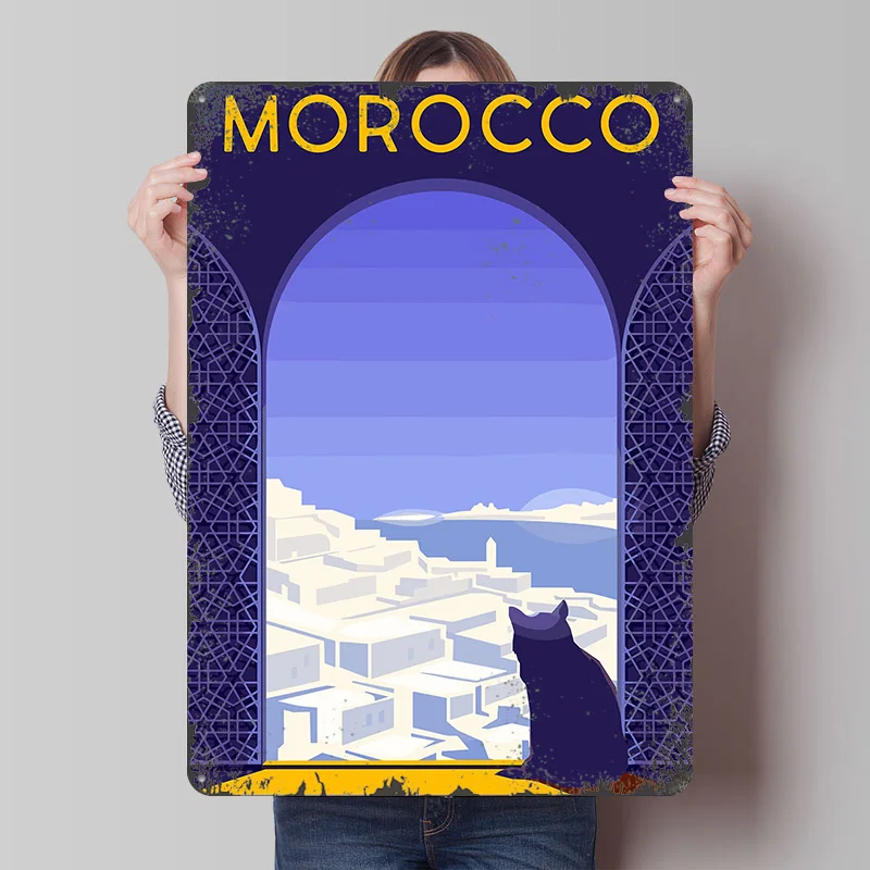 Morocco Travel With Cat Printed Poster Customized Wall Art Retro Vintage Metal Tin Signs for Bedroom Decoration Room Decor Men