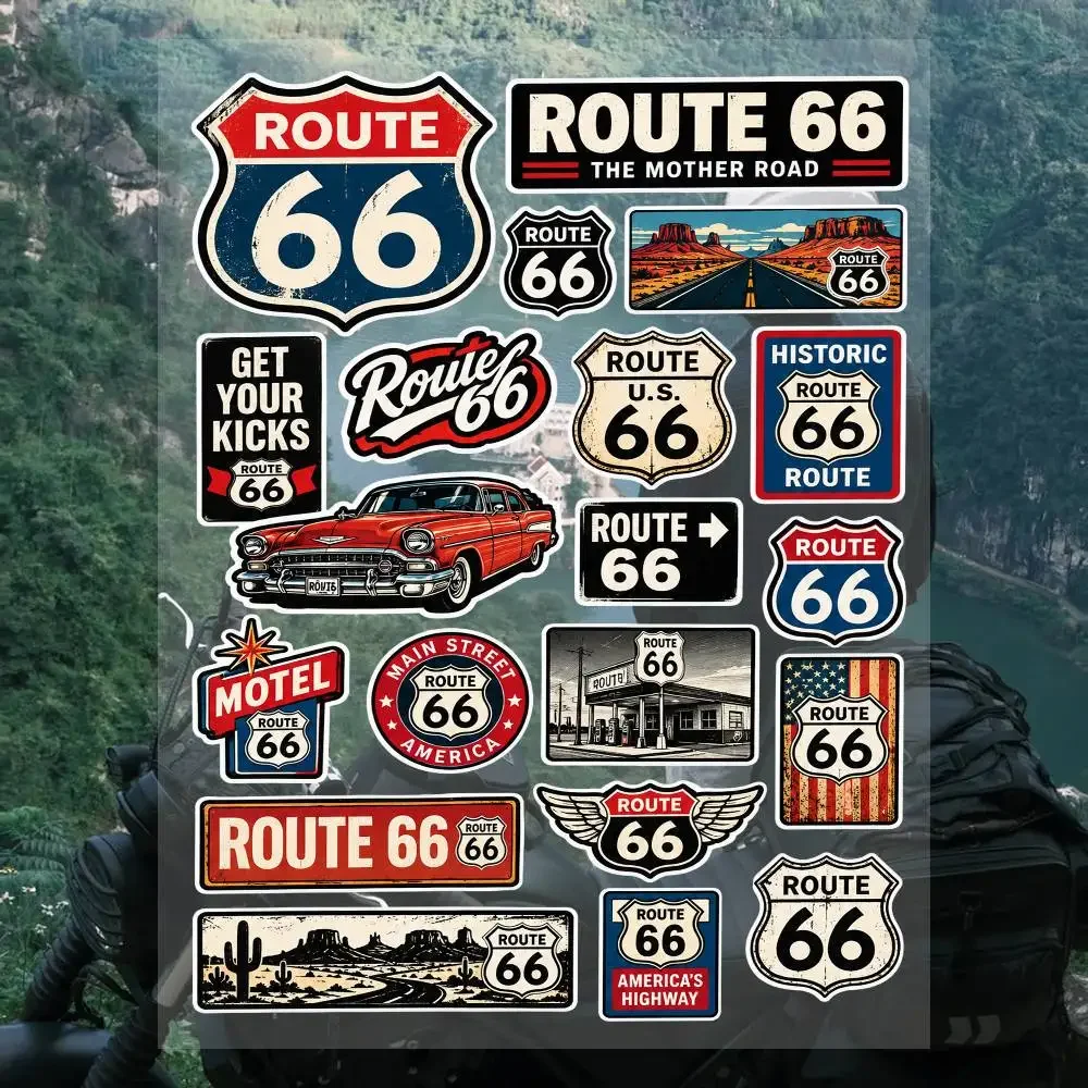 A-Ro-u-te 66 Motorcycle Logo Decals Sheet Waterproof Vinyl Racing Stickers For Bike Helmet Fuel Tank Laptop, Racing Accessories