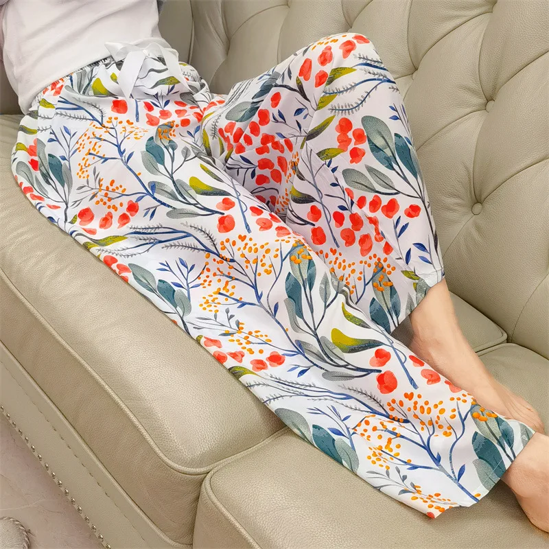 Women Casual Sleeping Pants Summer Loose Pajamas Home Clothes Thin Wide Leg Pants Plus Size Sleepwear Bottoms Korean Girls Pants