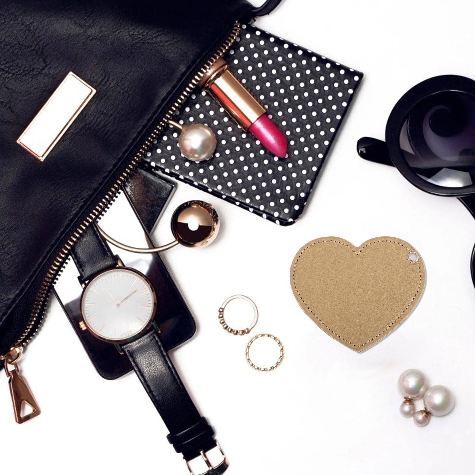 

Mini Heart Mirror Compact Lightweight Portable Purse Pocket Mirror Protective Case Rotatable Angle PU
