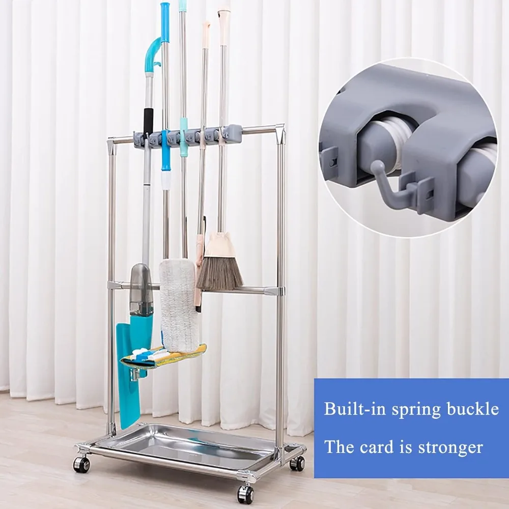 رف تخزين ممسحة ومكنسة مثبت على الأرض مع 5 أرفف للمماسح المبللة وأدوات التنظيف