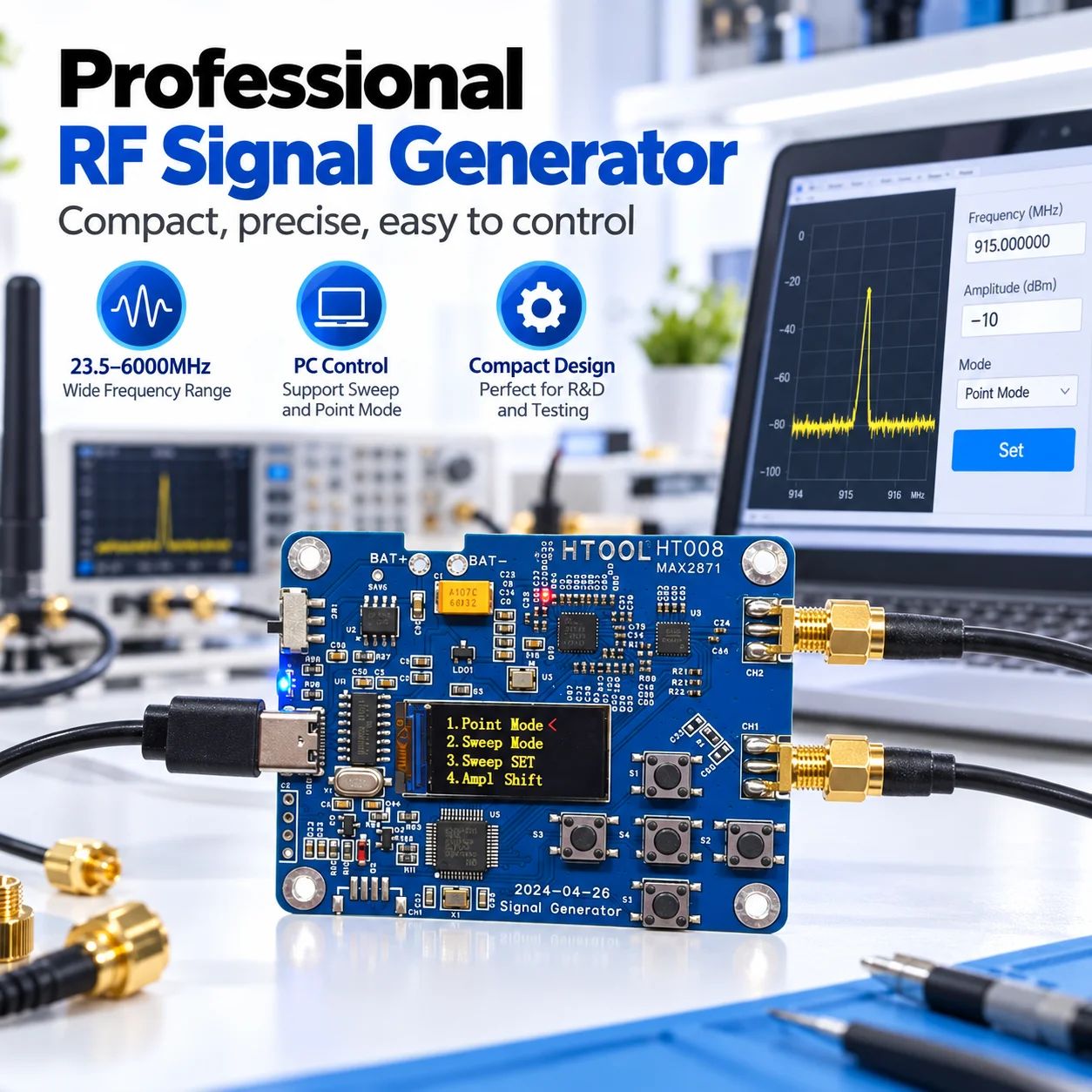 HTOOL HT008 23.5MHz-6GHz Dual-Channel RF Signal Generator, Sweep & Point Mode, USB SCPI Control, 78Hz Resolution