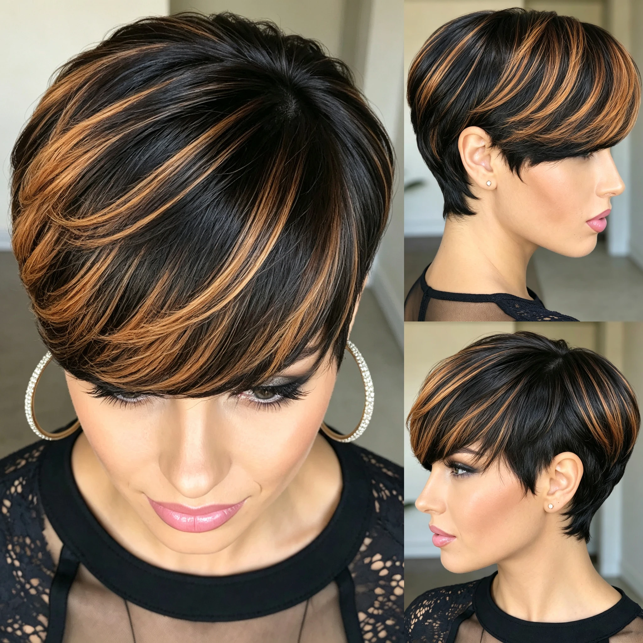 Pixie Cut Human Hair Wig Full Machine Made Black With Copper Highlights Short Layered Wigs Natural Looking For Women Halloween