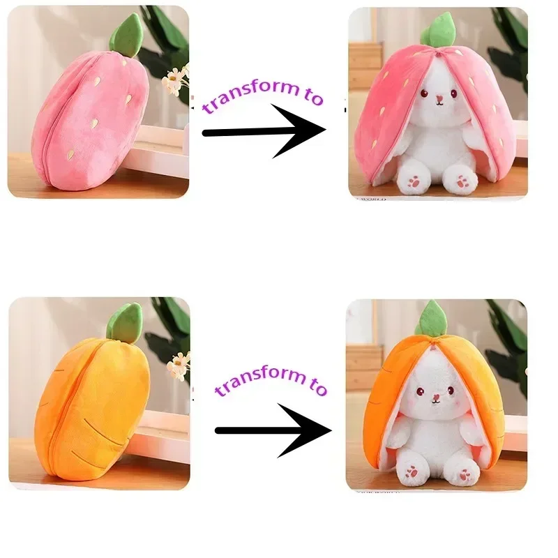 새로운 창의적인 당근 딸기 가방이 토끼 플러시 장난감으로 변신하는 사랑스러운 긴 귀 토끼 인형 귀여운 어린이 선물