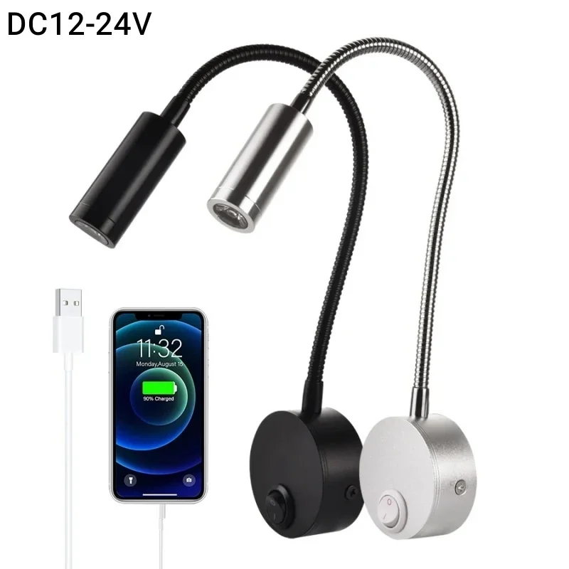 DC12-24V Wall Lamp Sconces Clamp Light 3W Bedroom Lamp ON/OFF Switch Silver Black Flexible Gooseneck Home Bedside Reading Lights