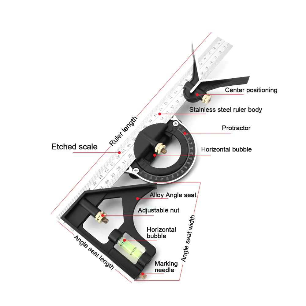 3 In 1 Square Angle Ruler Set Engineer Adjustable Combination Spirit Level Ruler Combination Protractor Measuring Tool