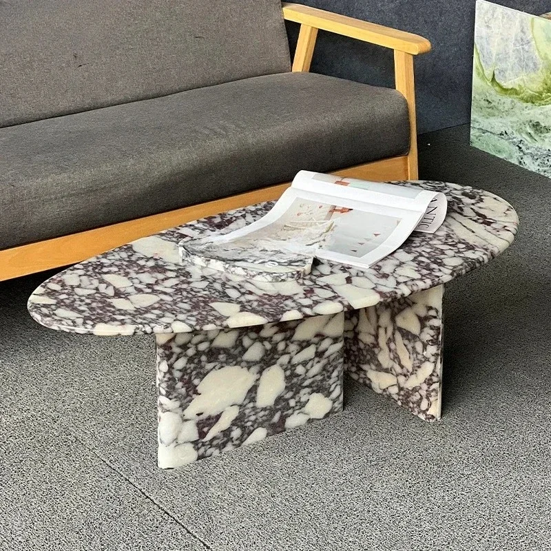NNItalian Light Luxury Card Purple Marble Coffee Table Modern Oval Tea Table Living Room Coffee Table