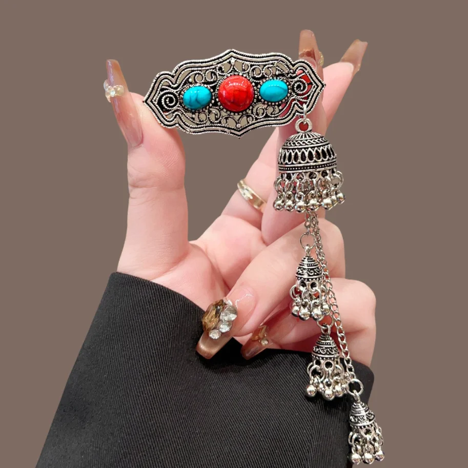 Ethnische Haarspangen im Glockenstil für Frauen, elegante Vintage-Haarspangen mit Metallquasten, trendige türkisfarbene Haaraccessoires für Mädchen – Detail 6
