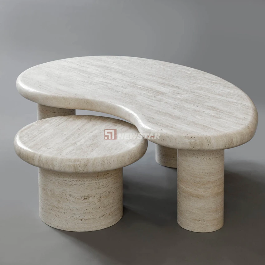 Newstar Nodic Natural Marble Home Side Table Oval  Travertine Coffee Table Set Factory Direct Sales for Living Room