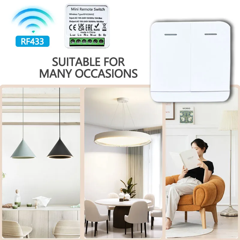 สวิตช์สมาร์ทไร้สาย 433MHz 1/2/3 Gang Wall Switch 4 คีย์/รอบแผงมินิสวิทช์ควบคุม 16A รีเลย์ Breaker AC100-240V บ้าน DIY